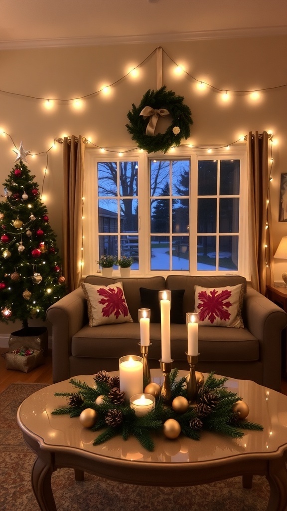 Creative Christmas Decorations Without a Tree A decorated living room for Christmas with a wreath, string lights, and a festive centerpiece.